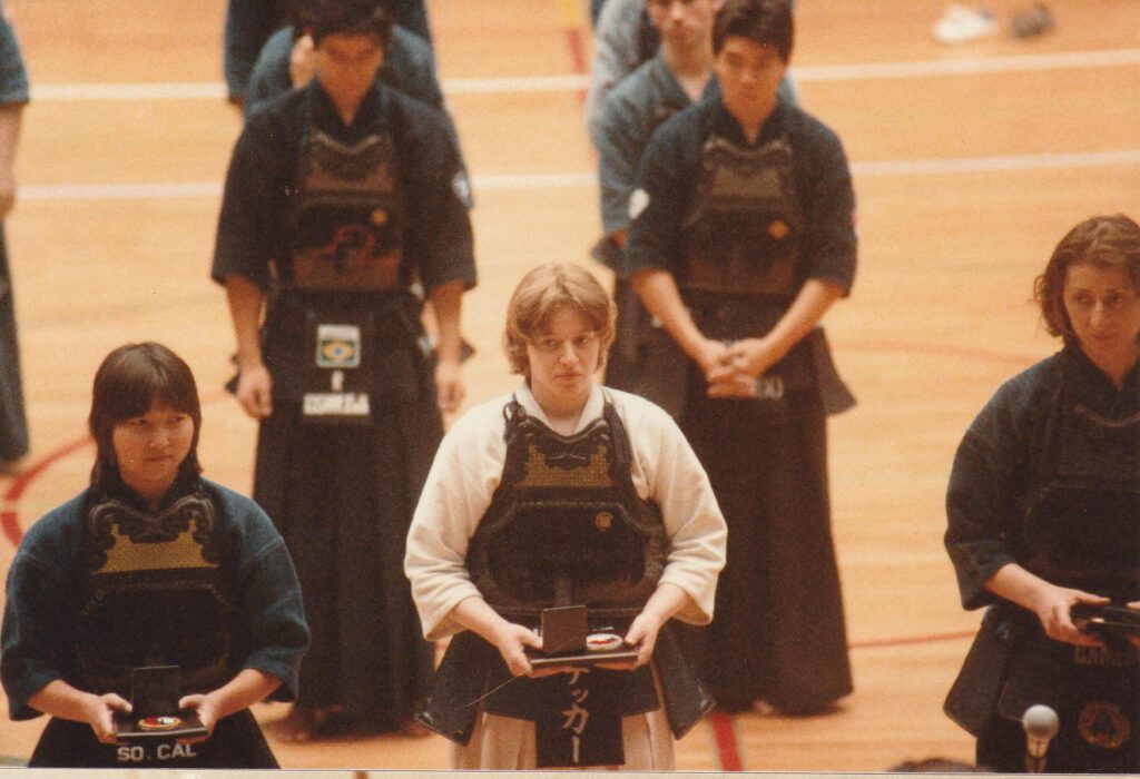 Kodama, left, receiving her 1st place medal as the world champion in 1985 at the World Kendo Championships in Paris. The U.S. national anthem played for the first time ever, which marked one of Kodama’s most memorable moments.