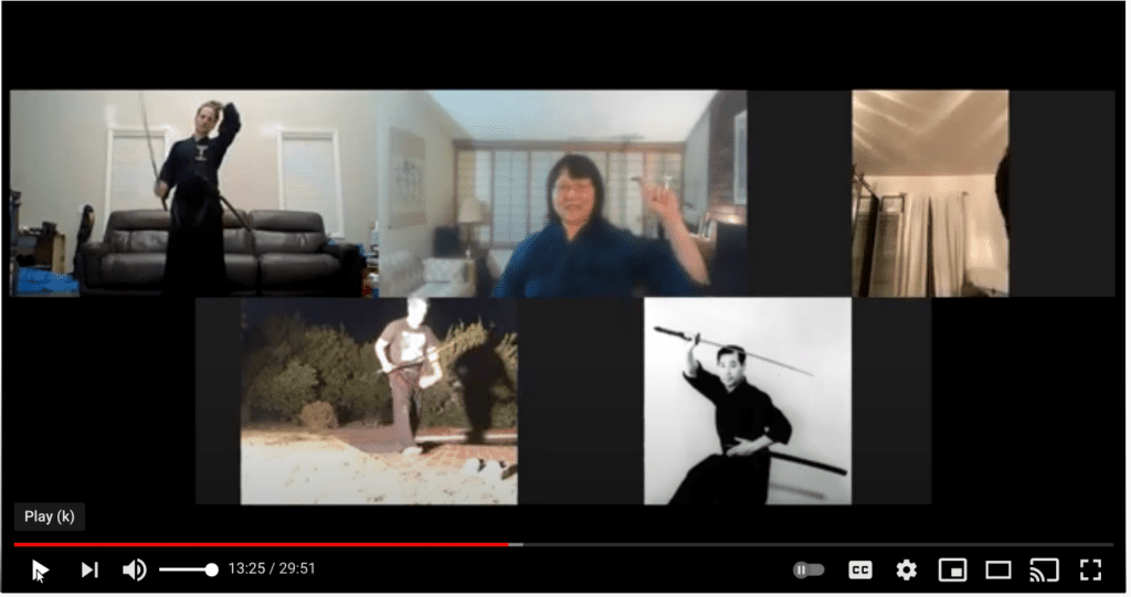 Kodama teaching iaido over Zoom during the pandemic. She also provides recordings to the participants so they can review and practice during the week.