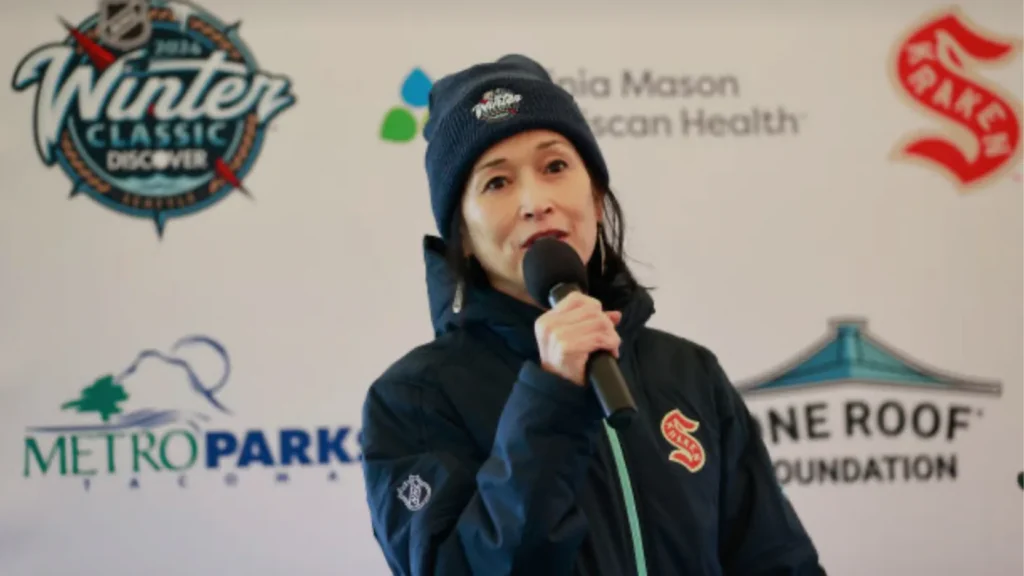 Mari speaks as the Sr VP of Social Impact and Civic Affairs at One Roof Sports and Entertainment. Photo credit: Seattle Kraken
