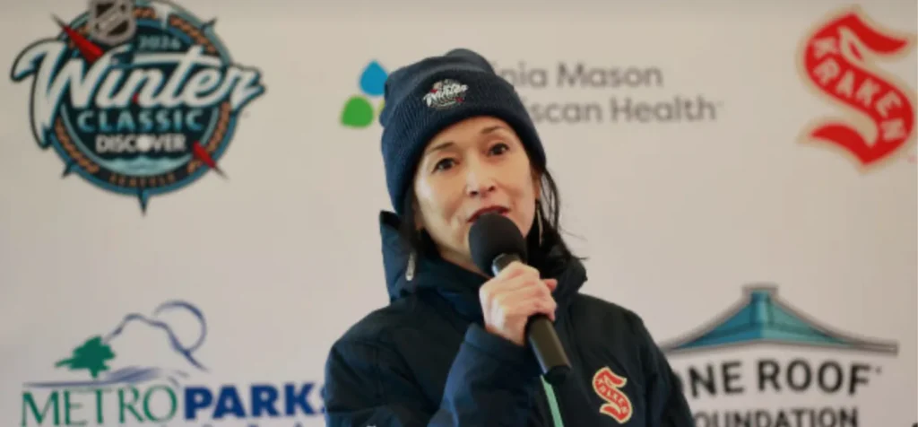 Mari speaks as the Sr VP of Social Impact and Civic Affairs at One Roof Sports and Entertainment. Photo credit: Seattle Kraken