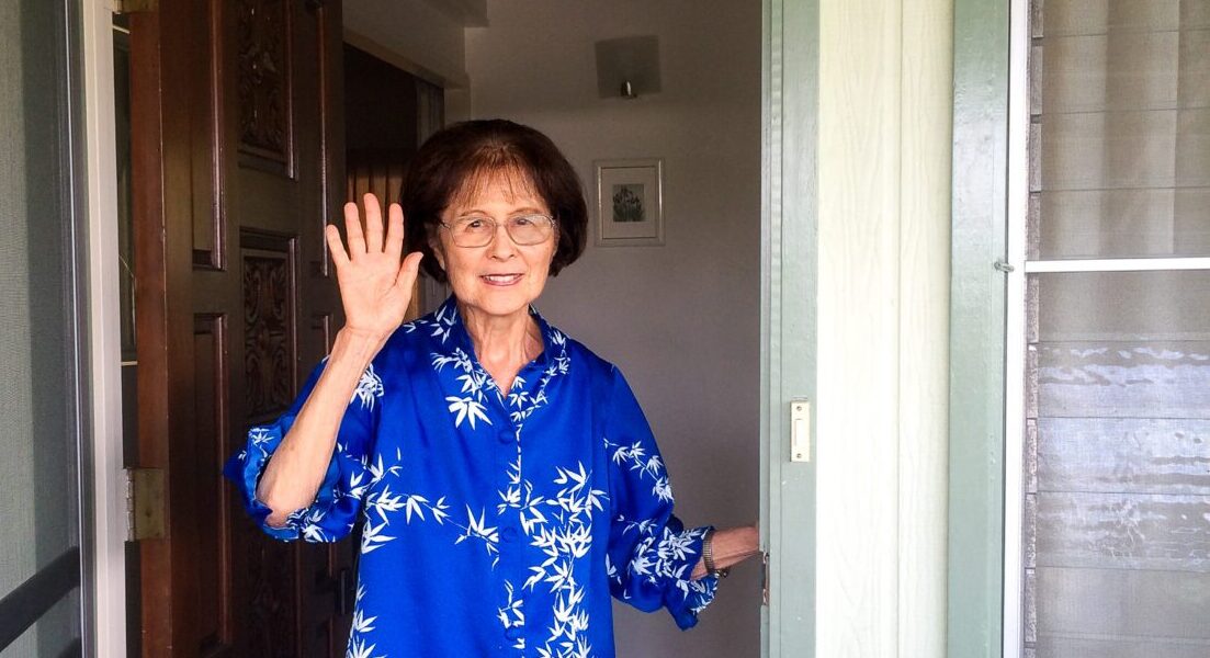 Saiki at her home in Kaneohe, Oahu in 2016. Notice the plantation-green colored paint that she recreated on Oahu from her Camp 5 days.