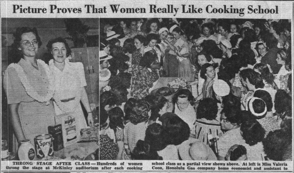 An article about a Honolulu Gas Company-sponsored cooking class from July 25, 1940 in The Honolulu Advertiser