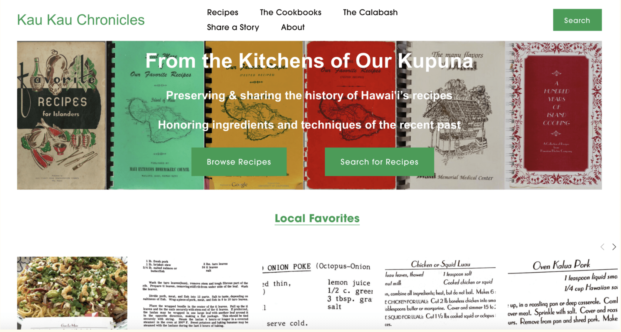 Some of the many recipe books from Hawaiʻi home demonstration councils that Hasegawa has helped preserve, displayed on the landing page of The Kau Kau Chronicles.